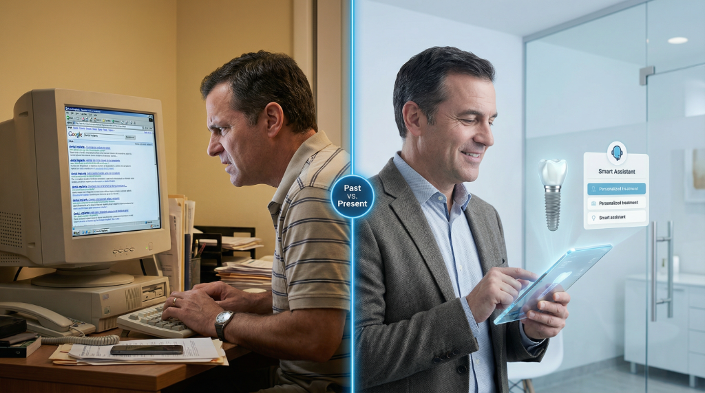 Vergangenheit vs. Gegenwart: Zahnarzt arbeitet am Computer vs. moderne digitale Praxis mit Tablet und KI-Assistent