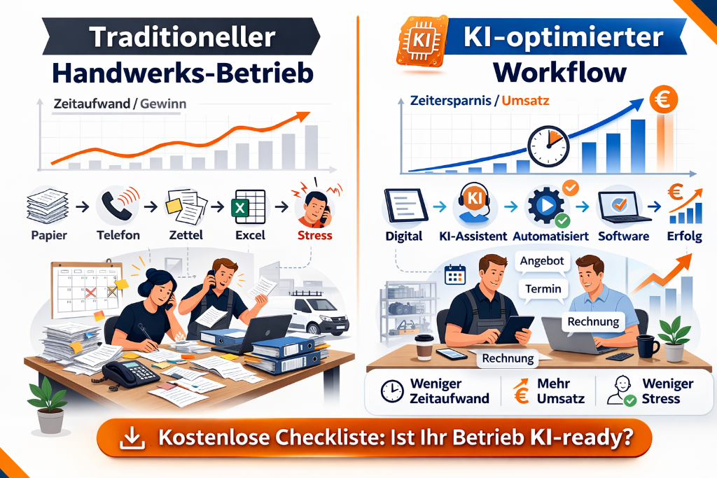 Traditioneller vs. KI-optimierter Handwerksbetrieb - Workflow-Vergleich