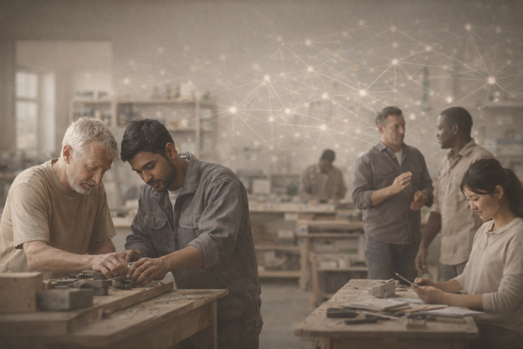 Diverse Gruppe arbeitet in einer Werkstatt mit digitalen Verbindungen
