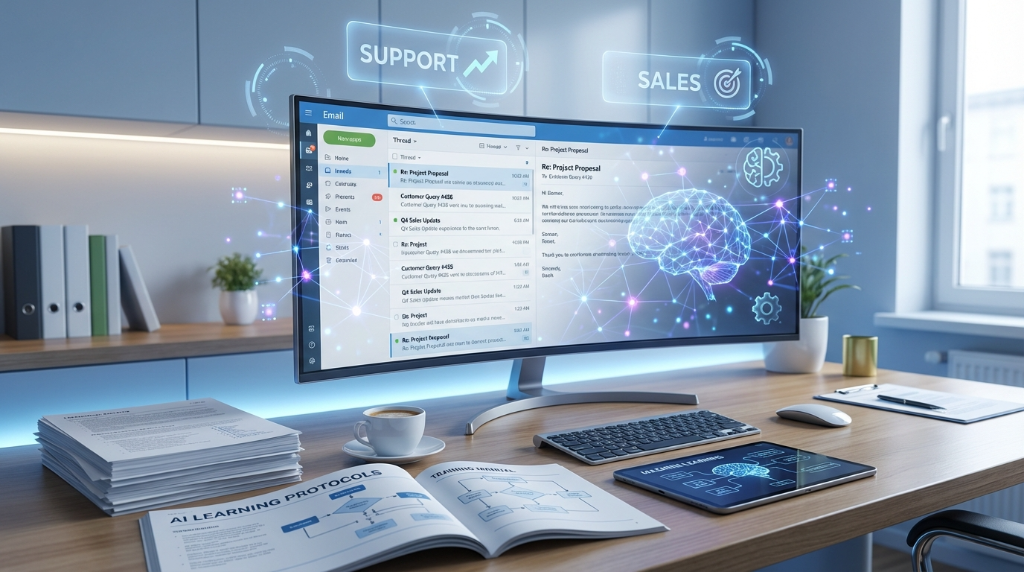 ReplyMyMail KI-E-Mail-Automatisierung: Support & Sales Agenten auf Bildschirm mit KI-Netzwerk